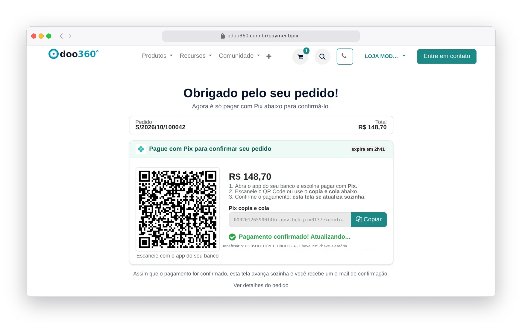 Tela do Pix no Odoo360 com o pagamento confirmado: a página avança sozinha para os próximos passos