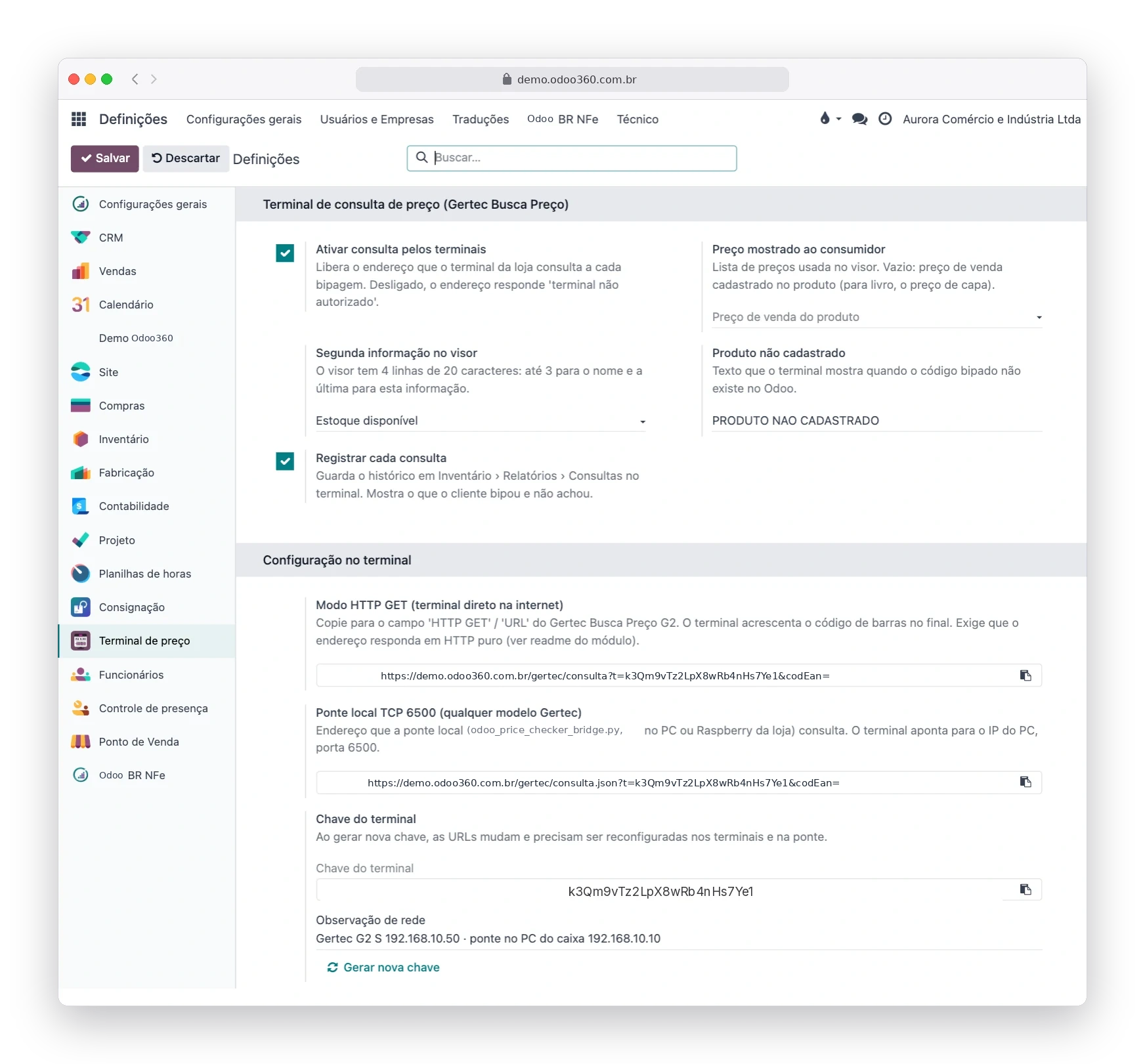 Tela de Definições do Odoo360 com a configuração do terminal de consulta de preço