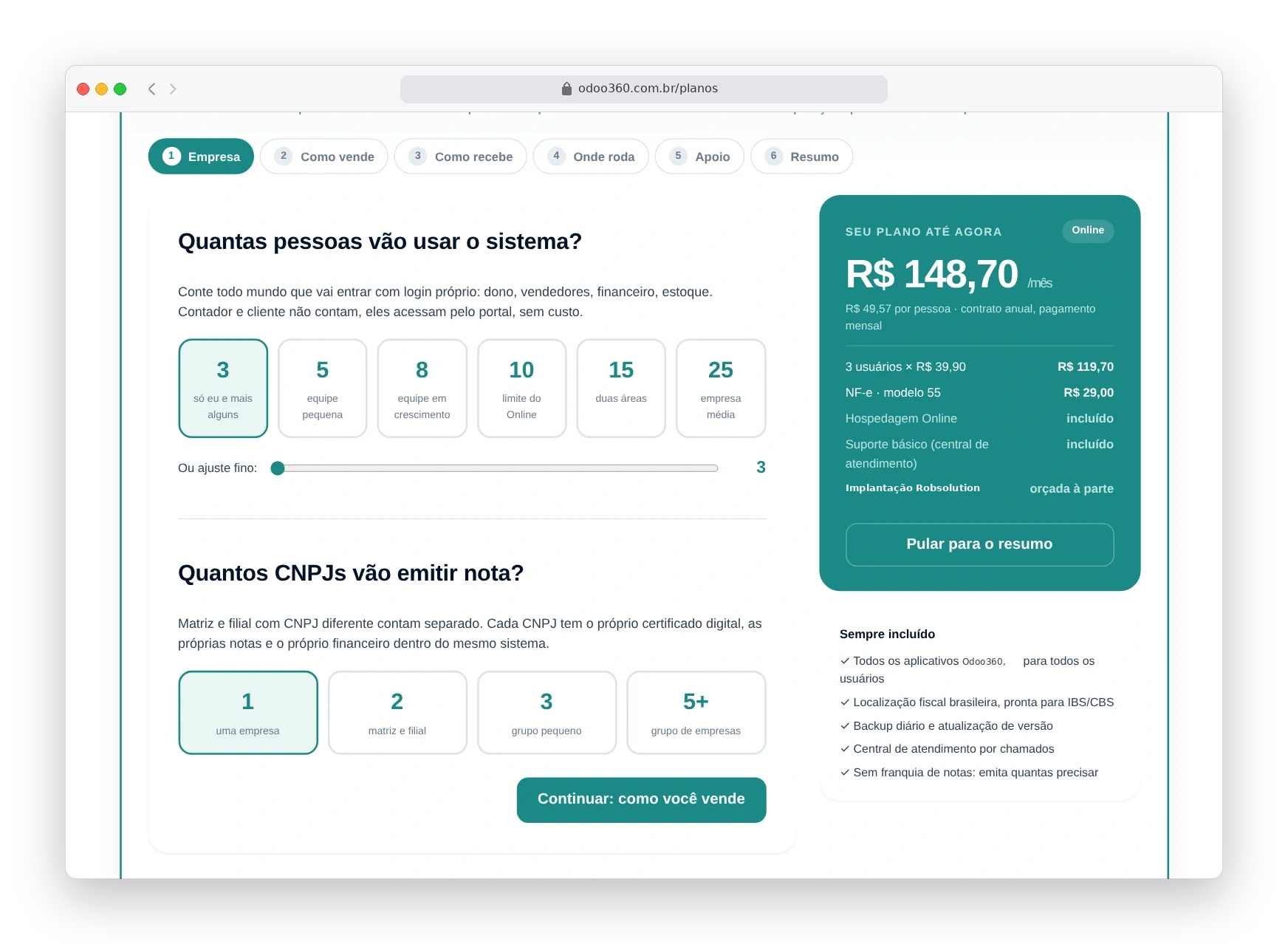 Simulador de preço, passo Empresa: número de usuários e CNPJs com o preço do plano atualizado ao lado